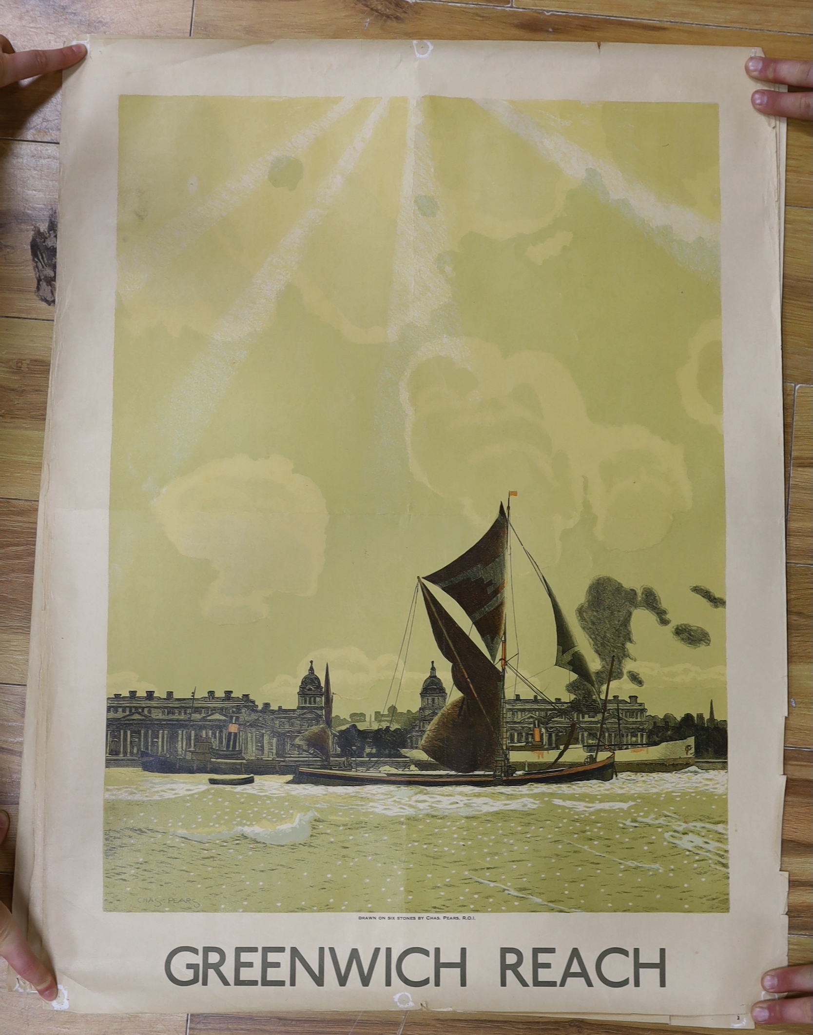 Charles Pears (1873-1958), three lithographic posters, 'Greenwich Reach', 'London's Dockland' and 'Pool of London', 84.5 x 63cm,. unframed (cut down)